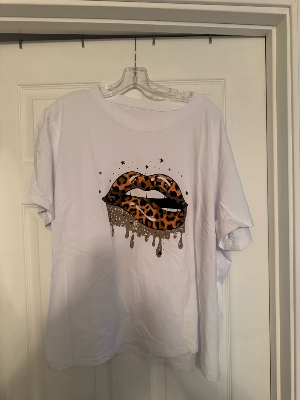 SHEIN White Tee with Leopard Print Lip Graphic